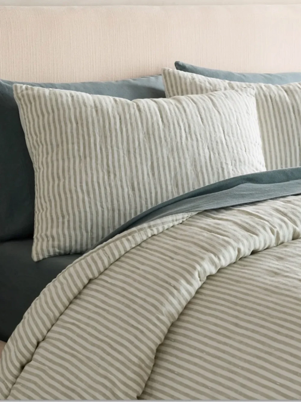New king quilted linen striped sham Quince willow leaf green